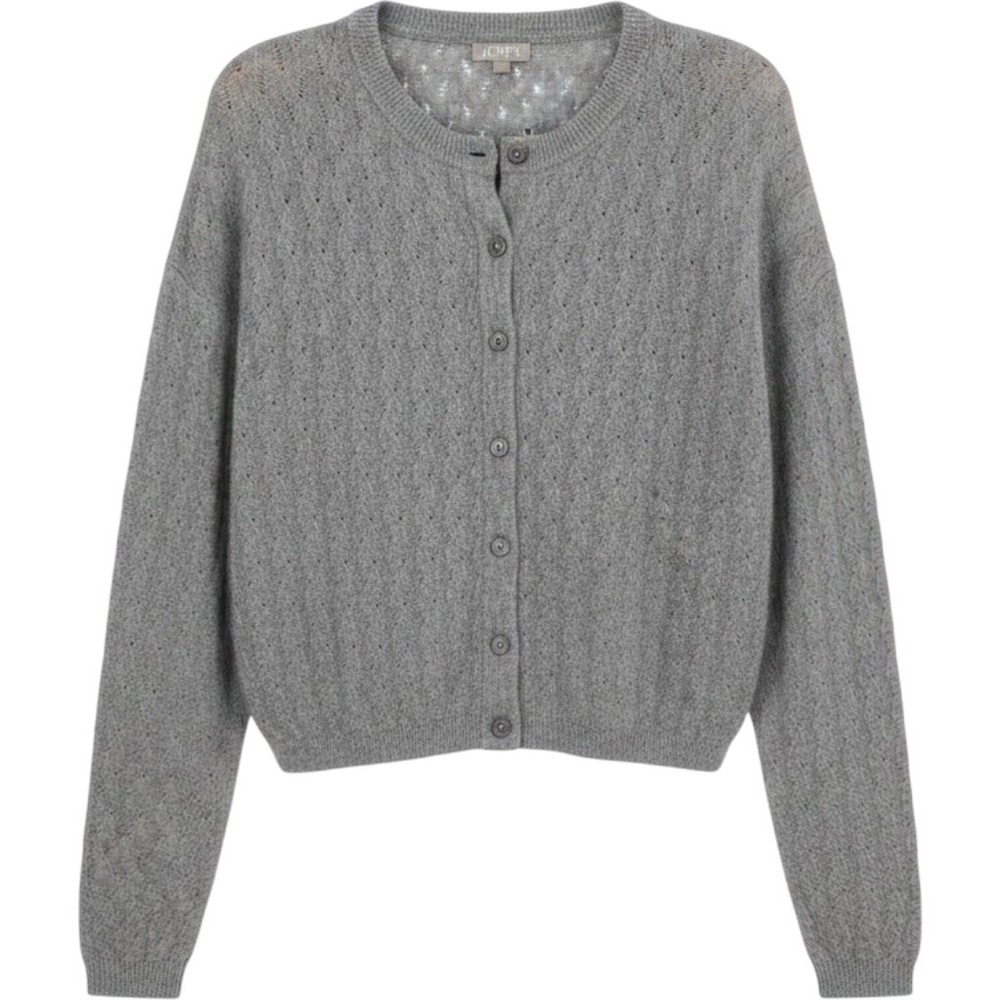 J.Crew Supersoft Pointelle Bubble-Hem Cardigan Gray Wool Alpaca L CO346 Coquette